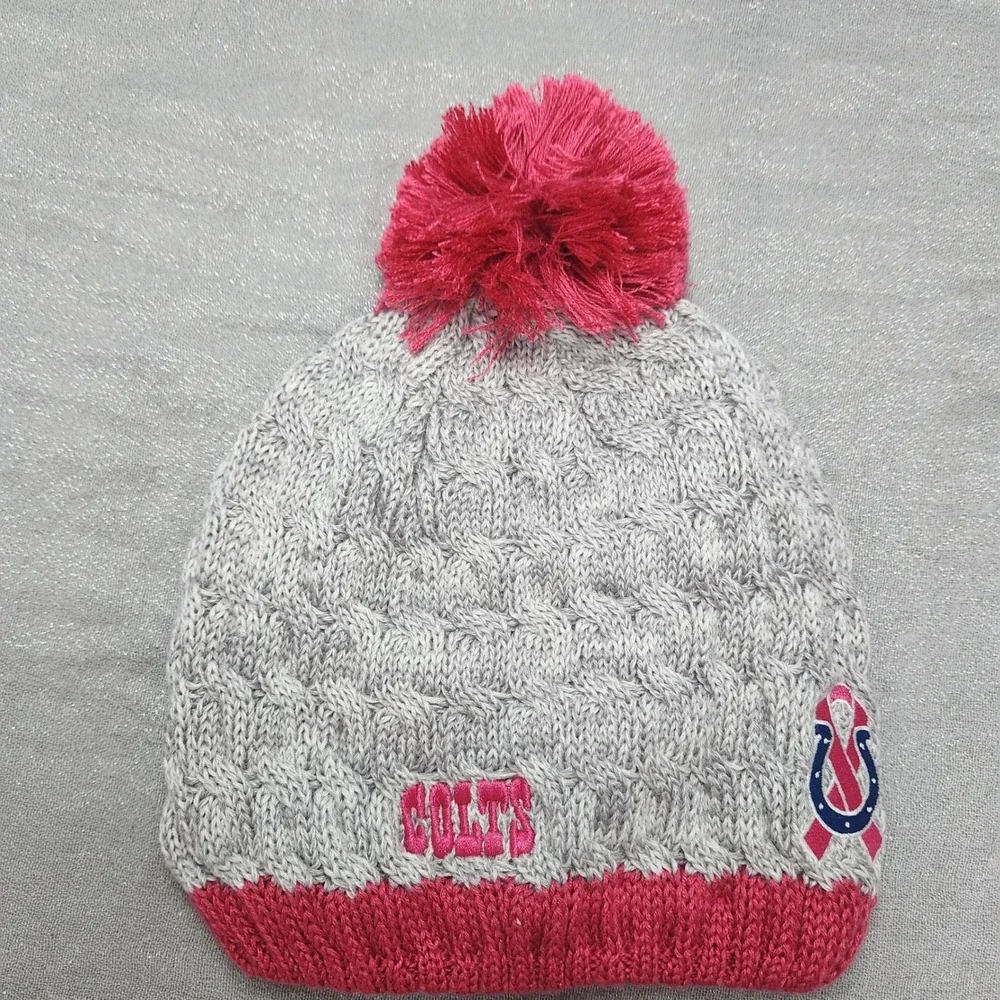 New Era NFL Indianapolis Colts Women Grey Pink Pom Beanie Knit Hat Fleece Lined